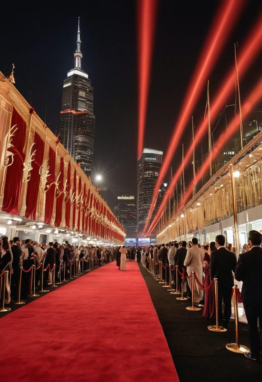 A glamorous red carpet event scene with celebrities walking in elegant attire, flashes of cameras capturing their moments. In the background, a luxurious trophy case filled with various awards and accolades shining under spotlight, symbolizing recognition and achievement. Include a cheering crowd and a backdrop of a city skyline at dusk, imbuing an atmosphere of celebration and success. super-realistic. vibrant colors. cinematic.
