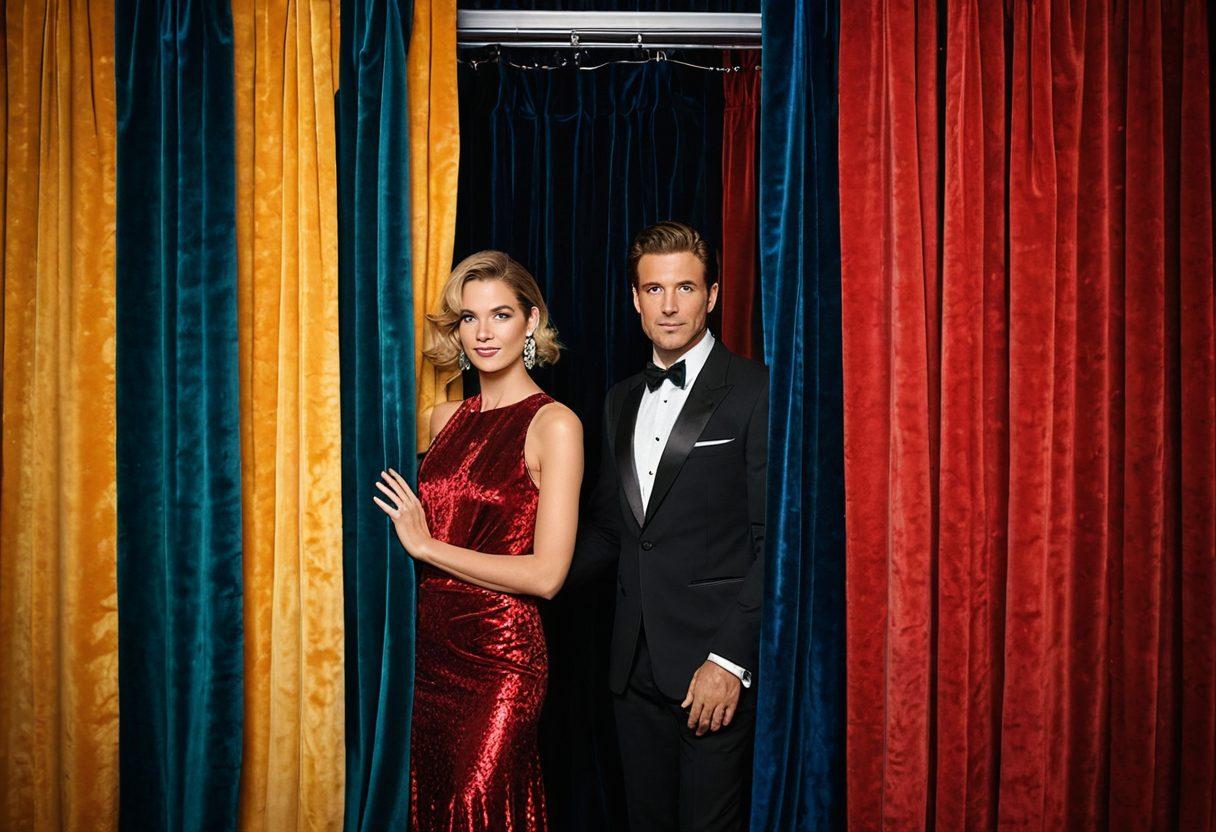 An elegant backstage scene at a glamorous awards ceremony featuring a bustling crew preparing for the red carpet. Shimmering dresses and tuxedos hang on racks, while the soft glow of lights sets a magical atmosphere. Cameras and microphones are arranged alongside stunning trophies, capturing the excitement and glamour. A glimpse of a surprised celebrity peeking behind the curtain adds a personal touch. vibrant colors. super-realistic. 3D.
